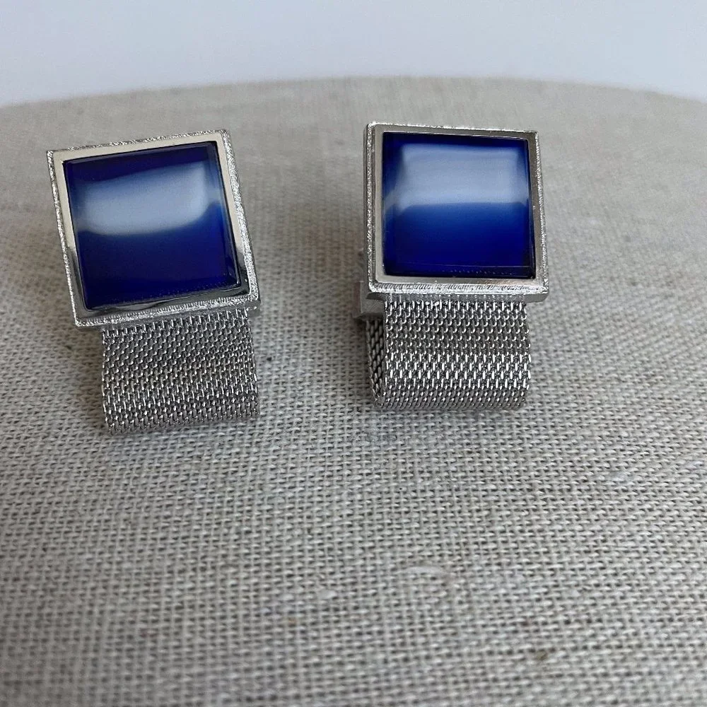 Vintage Dante Square Blue Murano Glass Silver Tone Mesh Wrap Cuff Links Pair